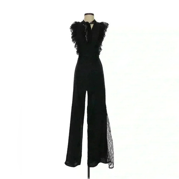 Alexis Gislane Black Lace Jumpsuit Small Silk Tie Neck Sleeveless Wide Leg $792 - Picture 3 of 5